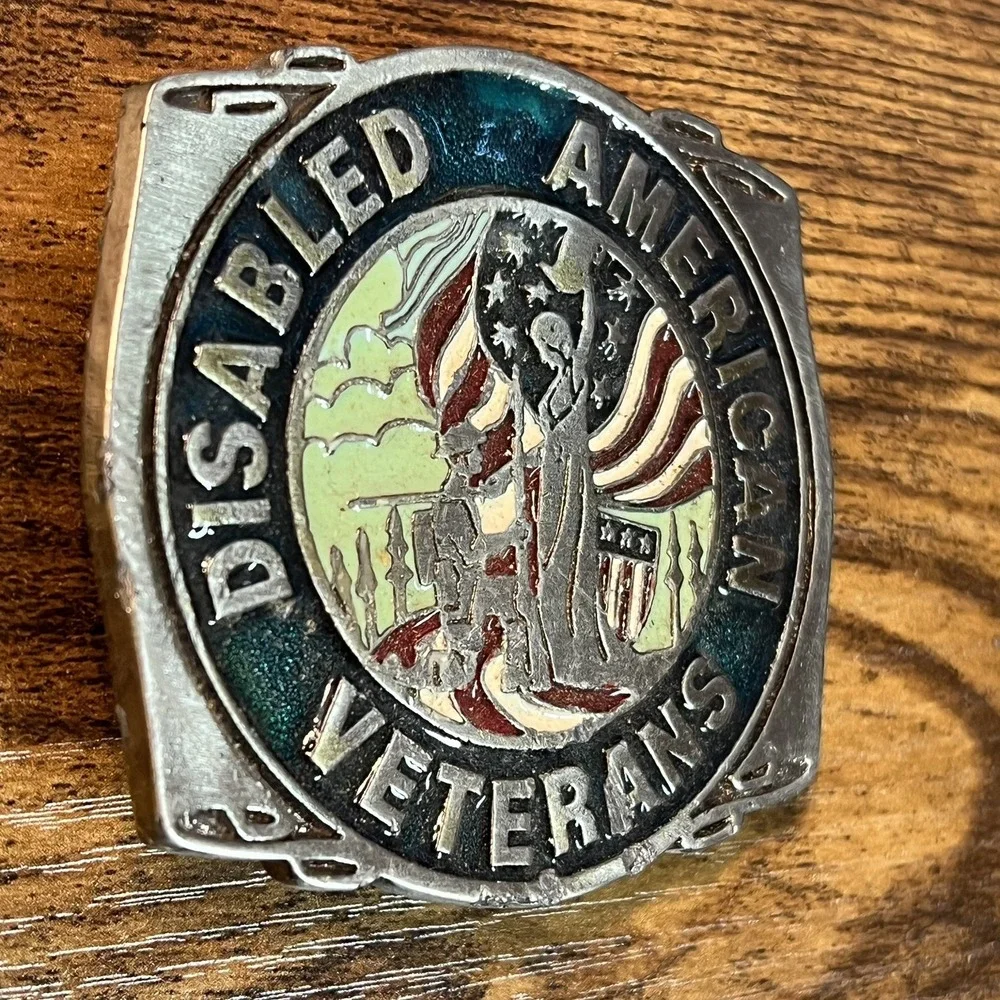 VYG Pewter Belt Buckle Disabled American Veterans Military USA Flag Soldier